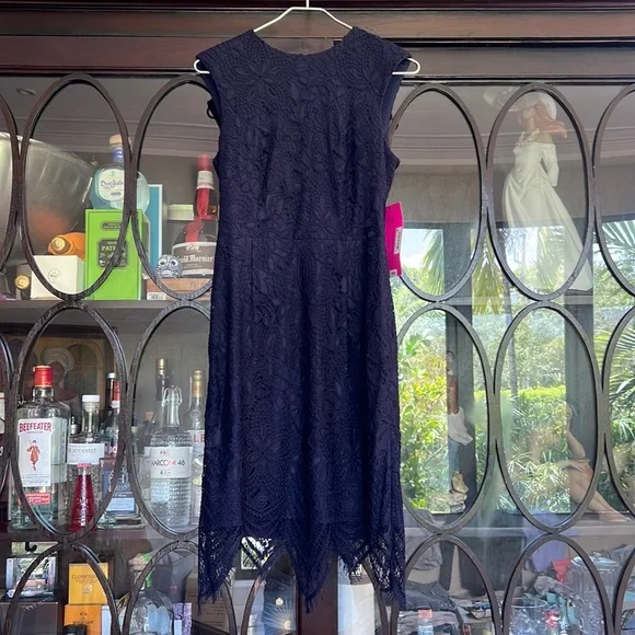 Betsey Johnson Womens Lace Fringe Hem Cocktail Dress Navy 6 Betsey Johnson Womens Lace Fringe Hem Cocktail Dress Navy 6